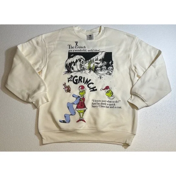 Dr Seuss The Grinch Christmas Sweatshirt Cream Graphic Pullover Mens Small 4-6 - Picture 1 of 8